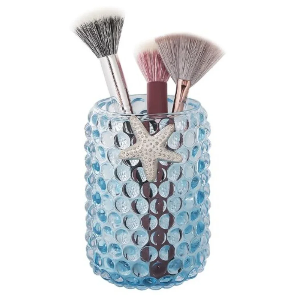 2 pc / 2 sizes - Glass Make-up Brush Organizer / Vases  (Blue w/ Starfish)